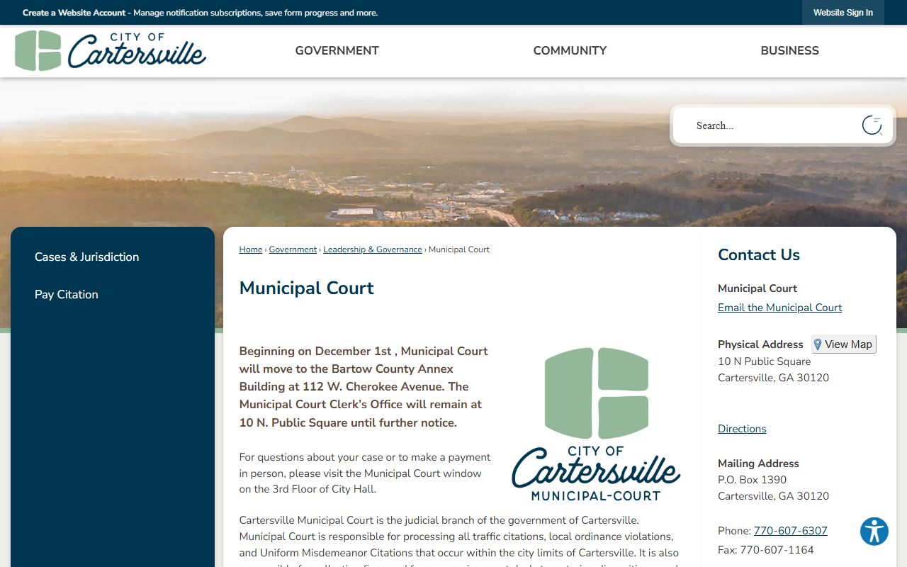 Cartersville Municipal Court page on Cartersville city government website