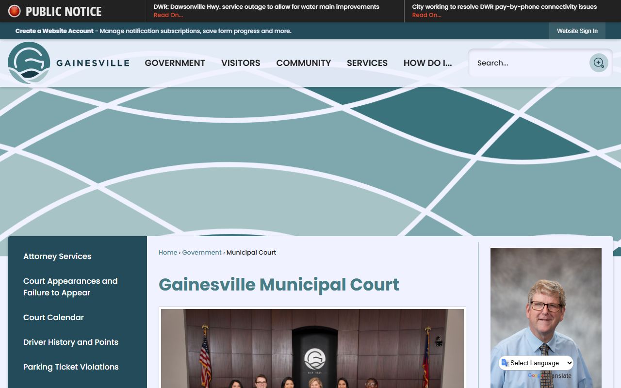 Gainesville Municipal Court website showing court records access portal and contact information for Gainesville Georgia