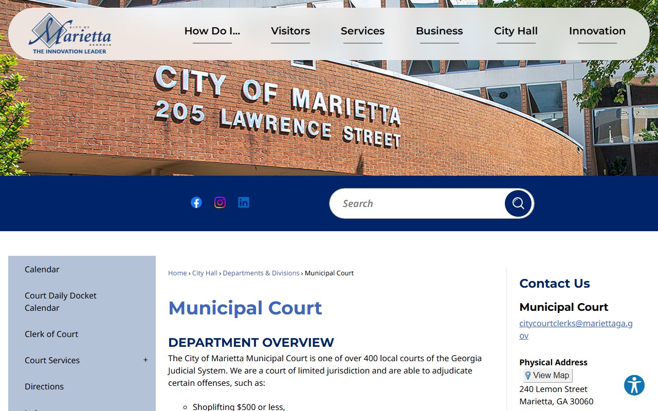 Marietta Municipal Court website showing court records and case search portal