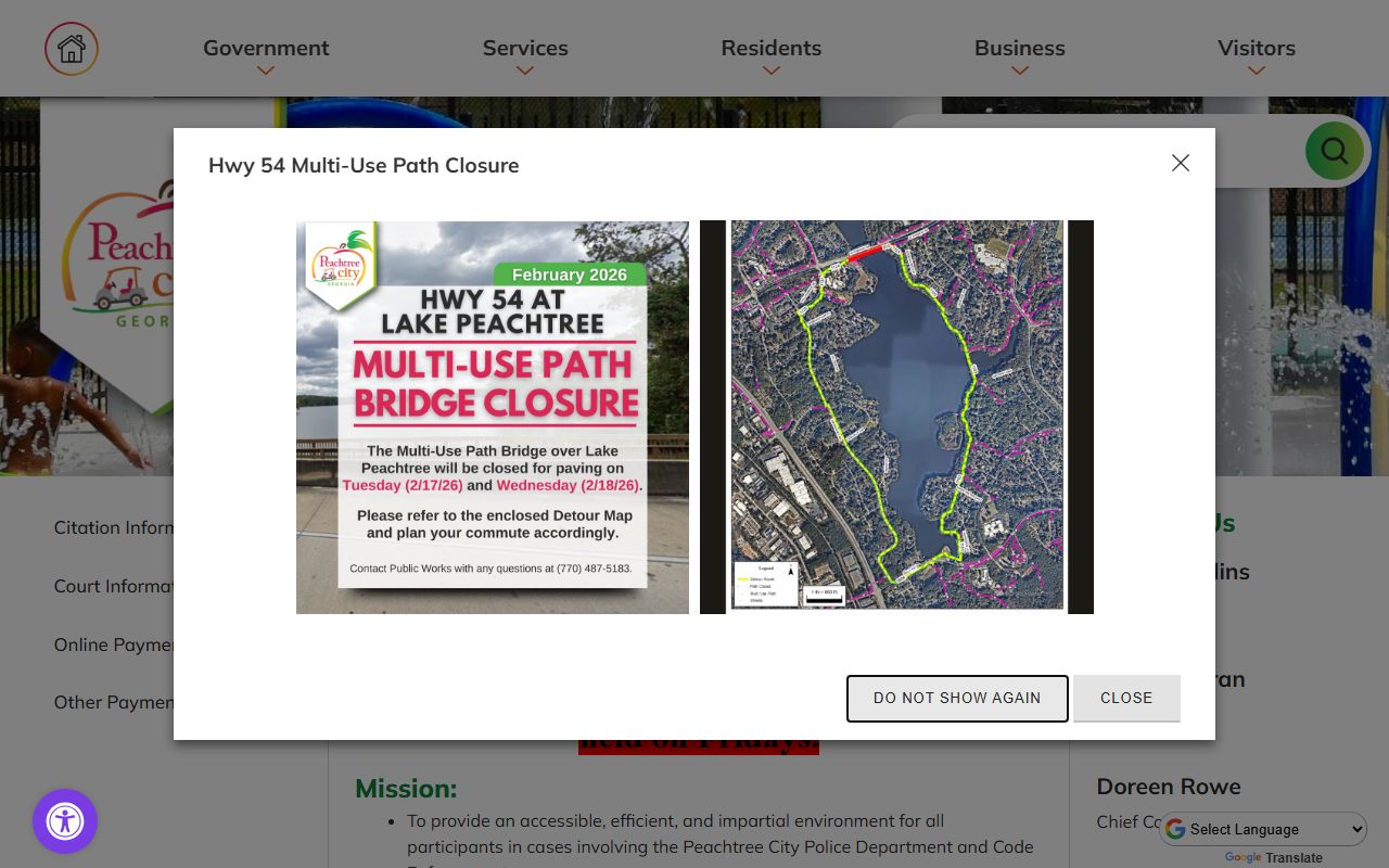 Peachtree City Municipal Court page for searching local court records