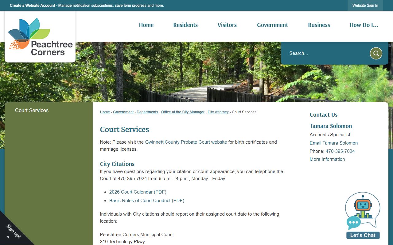 Peachtree Corners Court Services page for searching local court records