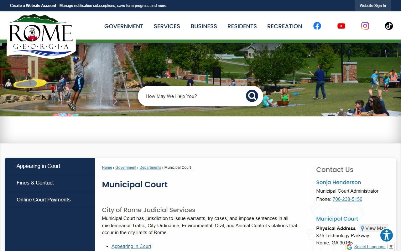 Rome Municipal Court page for searching local Rome Georgia court records