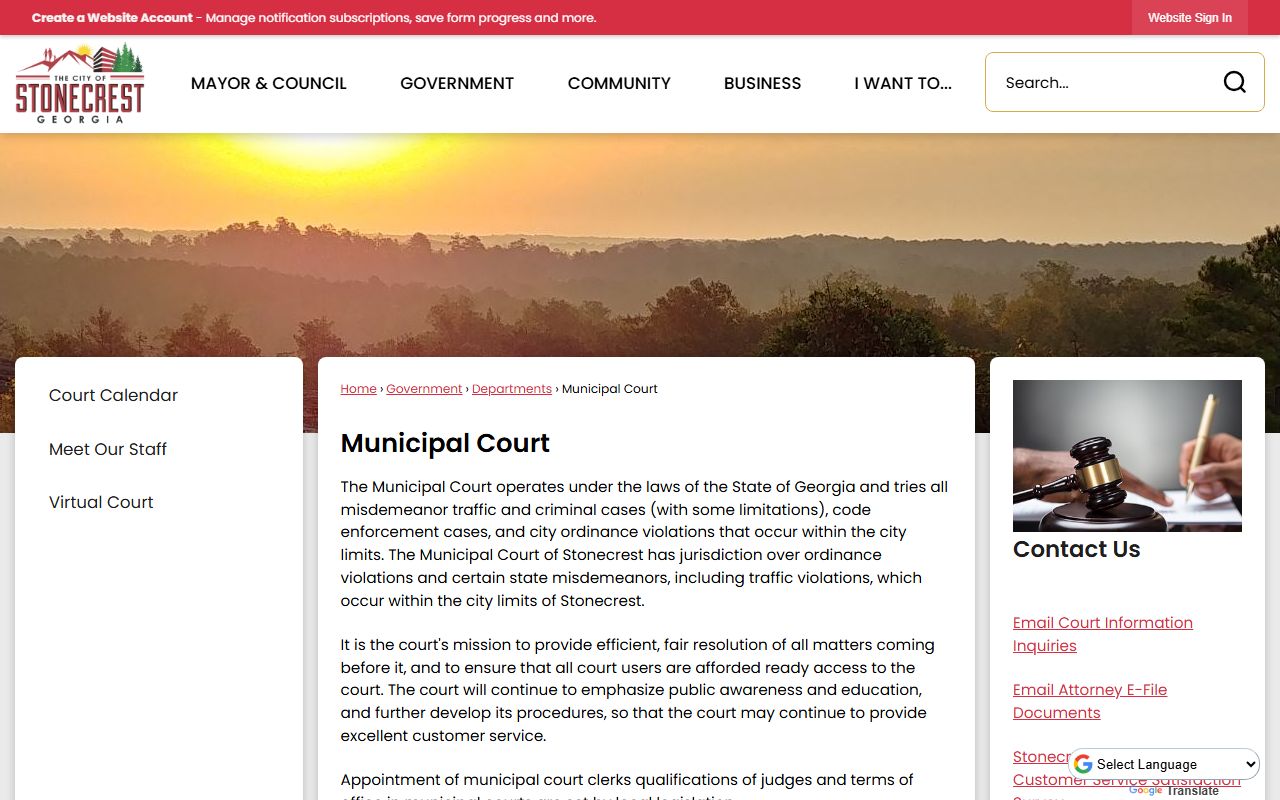 Stonecrest Municipal Court website showing court records and case lookup portal