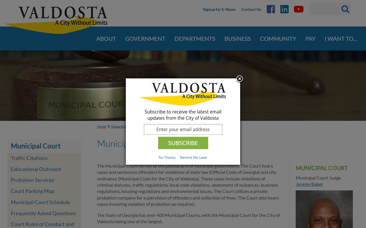 Valdosta Municipal Court website showing court records access and case information for Valdosta Georgia