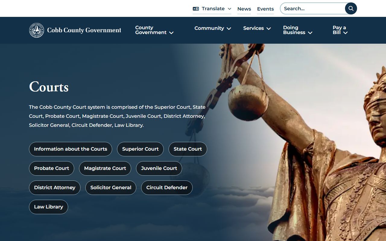 Cobb County courts main portal showing Superior Court and State Court resources in Marietta Georgia