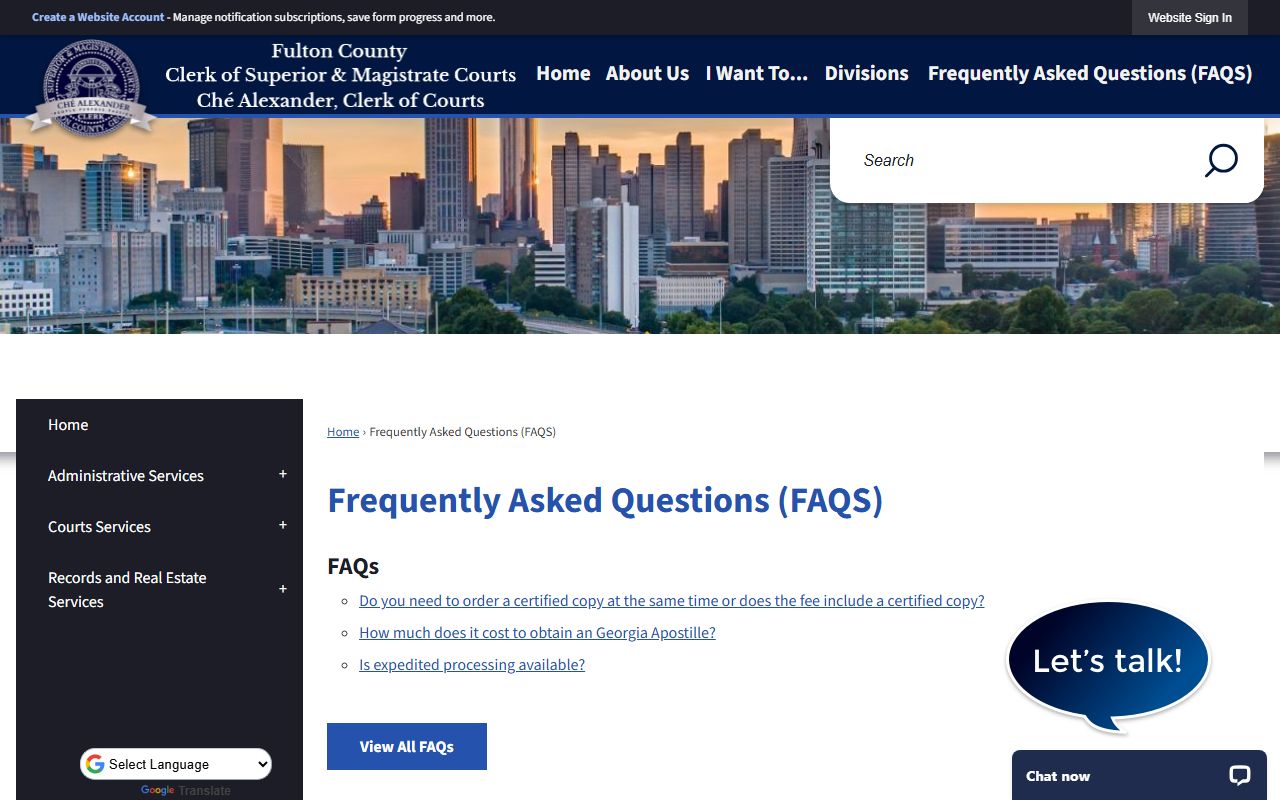 Fulton County Clerk FAQ page with answers about court records, copies, and office services