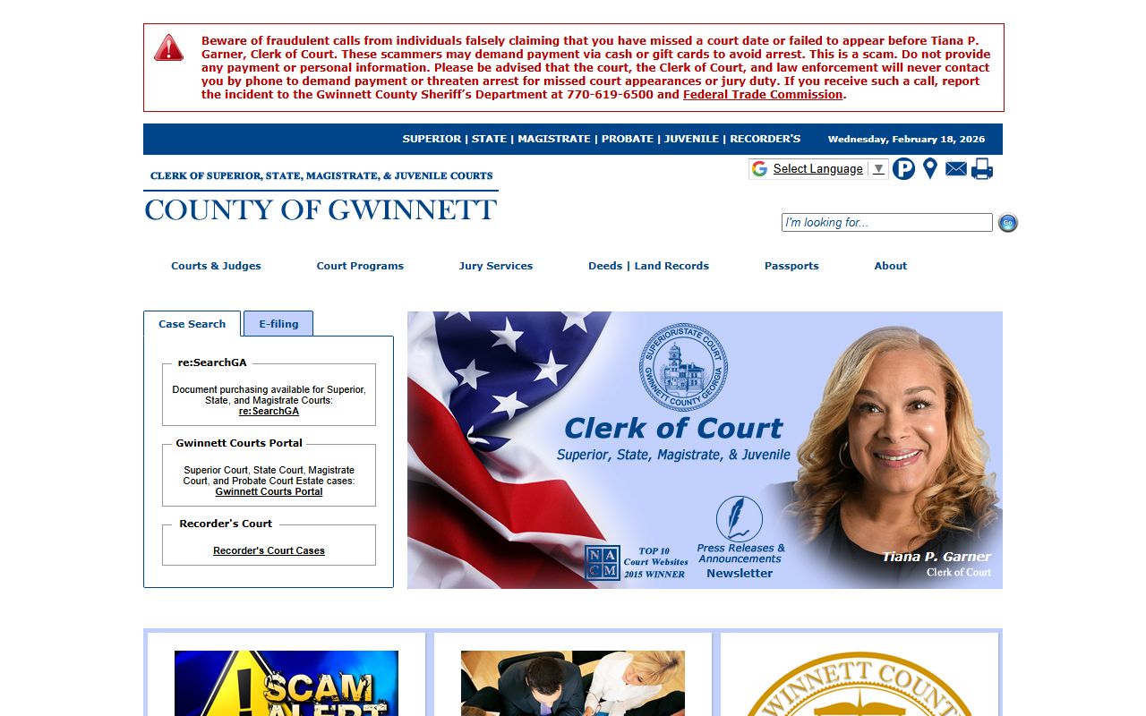Gwinnett County Courts website homepage showing Gwinnett County court records search access