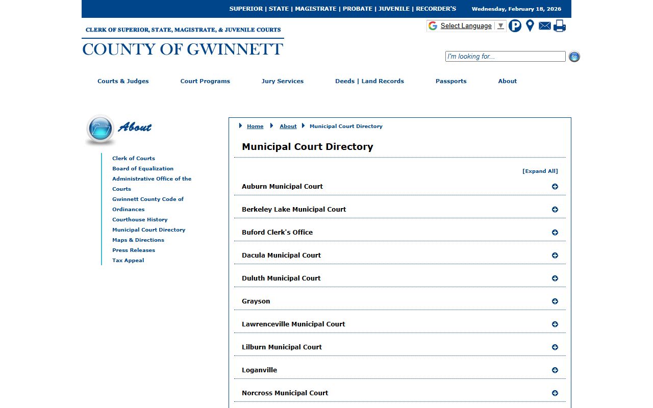 Gwinnett County Municipal Court Directory listing local courts and contact information for Gwinnett County court records