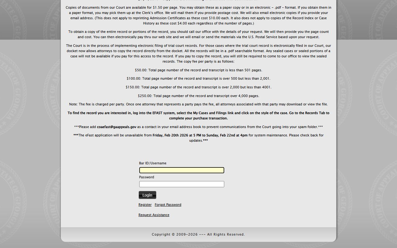 Georgia Court of Appeals EFAST electronic filing system court records