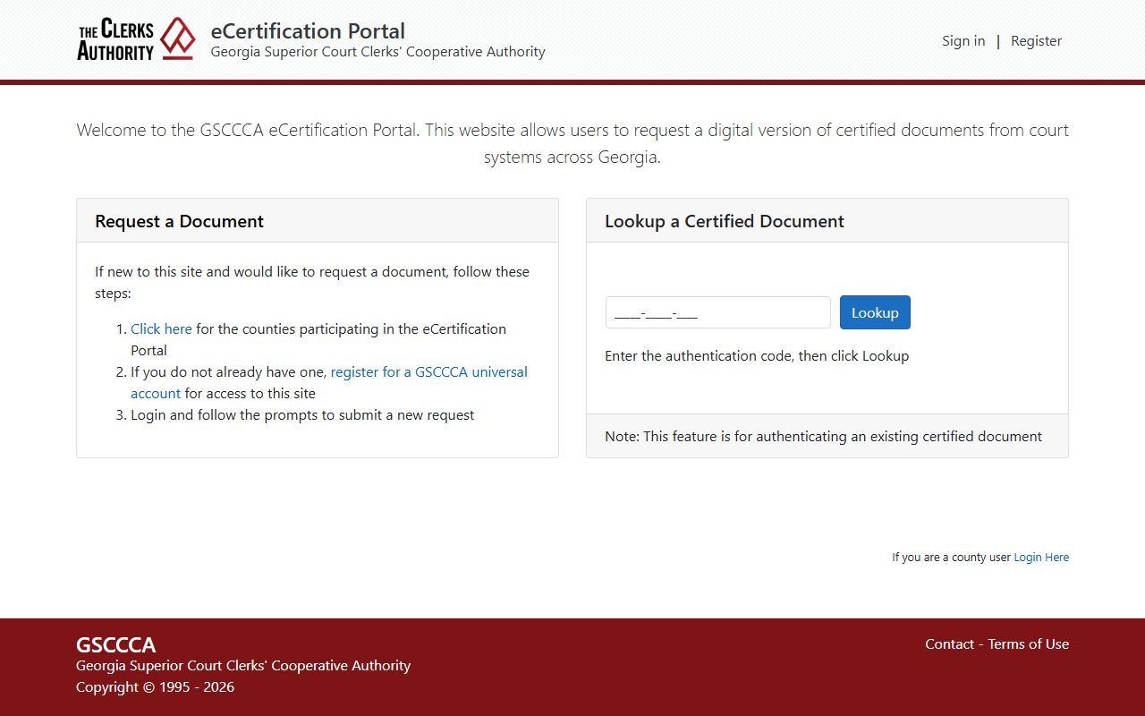 GSCCCA eCertification portal certified court records Georgia